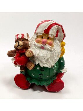 Bed Time Sleepy Santa Claus Figurine Striped Hat Teddy Bear Holiday Festive